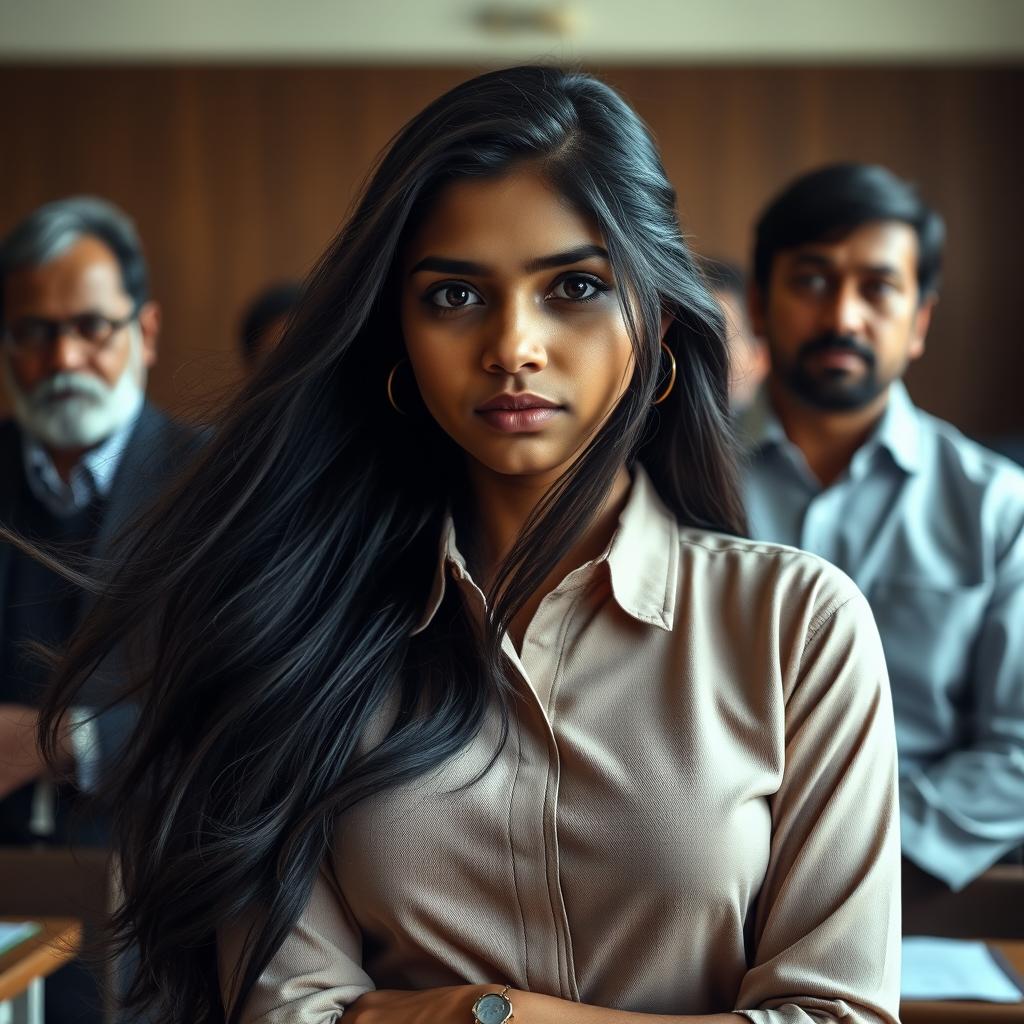 A very beautiful 18-year-old Indian girl with long flowing hair and striking features, in an elegant setting that resembles a classroom