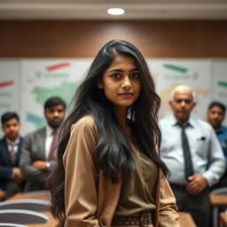 A very beautiful 18-year-old Indian girl with long flowing hair and striking features, in an elegant setting that resembles a classroom