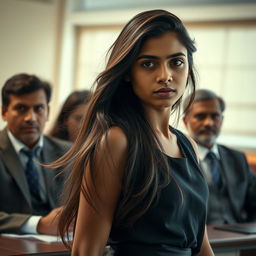 A very beautiful 18-year-old Indian girl with long flowing hair and striking features, in an elegant setting that resembles a classroom