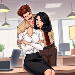 A romance book cover illustration featuring a lively corporate office background