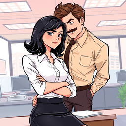 A romance book cover illustration featuring a lively corporate office background