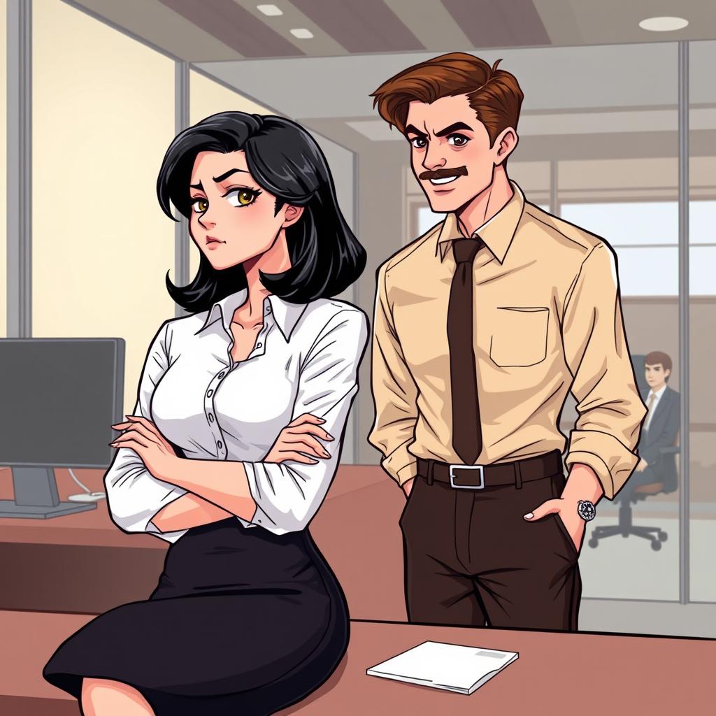 A romance book cover illustration featuring a chic corporate office background