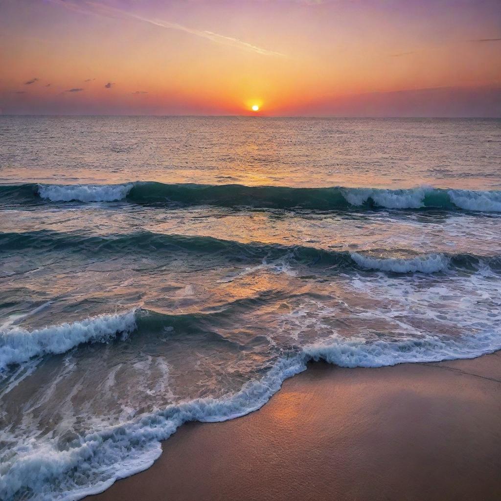 A breathtaking sunset where the golden sun meets the calm blue sea, creating stunning hues of oranges, pinks, and purples bouncing off the waves