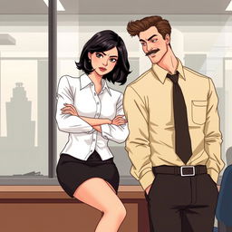 A romance book cover illustration featuring a chic corporate office background