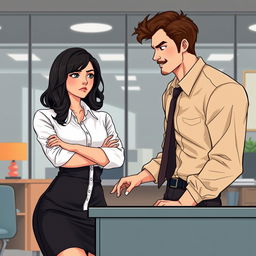 A romance book cover illustration featuring a chic corporate office background