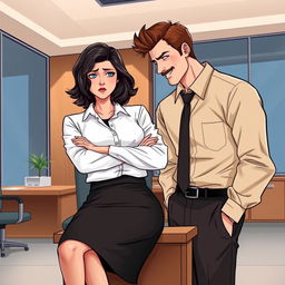 A romance book cover illustration featuring a chic corporate office background