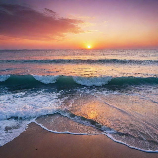 A breathtaking sunset where the golden sun meets the calm blue sea, creating stunning hues of oranges, pinks, and purples bouncing off the waves