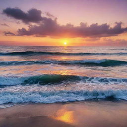 A breathtaking sunset where the golden sun meets the calm blue sea, creating stunning hues of oranges, pinks, and purples bouncing off the waves