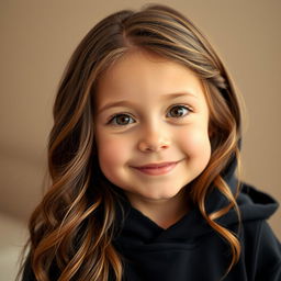 A cute girl wearing a black hoodie, with brown eyes and long wavy brown hair