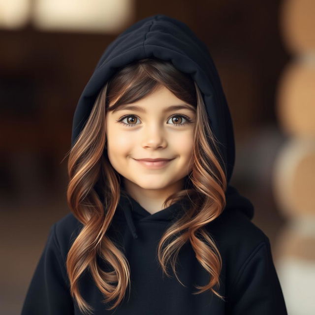 A cute girl wearing a black hoodie, with brown eyes and long wavy brown hair