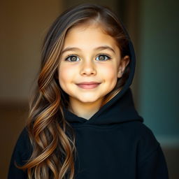 A cute girl wearing a black hoodie, with brown eyes and long wavy brown hair