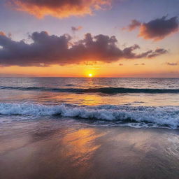 A breathtaking sunset where the golden sun meets the calm blue sea, creating stunning hues of oranges, pinks, and purples bouncing off the waves