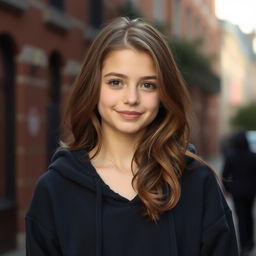 A sweet teenage girl wearing a black hoodie, with brown eyes and long, wavy brown hair