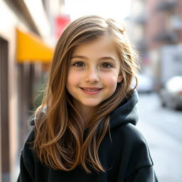 A sweet teenage girl wearing a black hoodie, with brown eyes and long, wavy brown hair