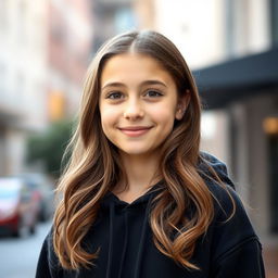 A sweet teenage girl wearing a black hoodie, with brown eyes and long, wavy brown hair