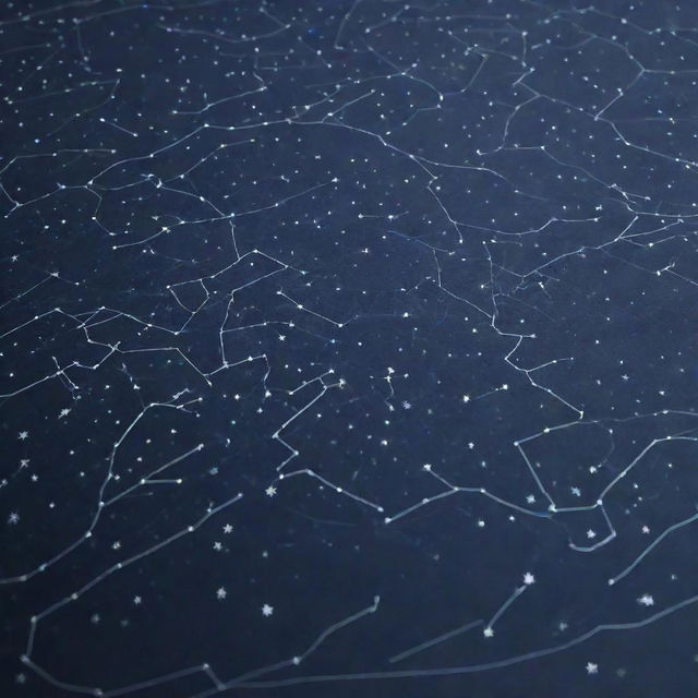 A detailed and precise display of star constellations on an A4 size map. The stars should be bright against a dark midnight sky.