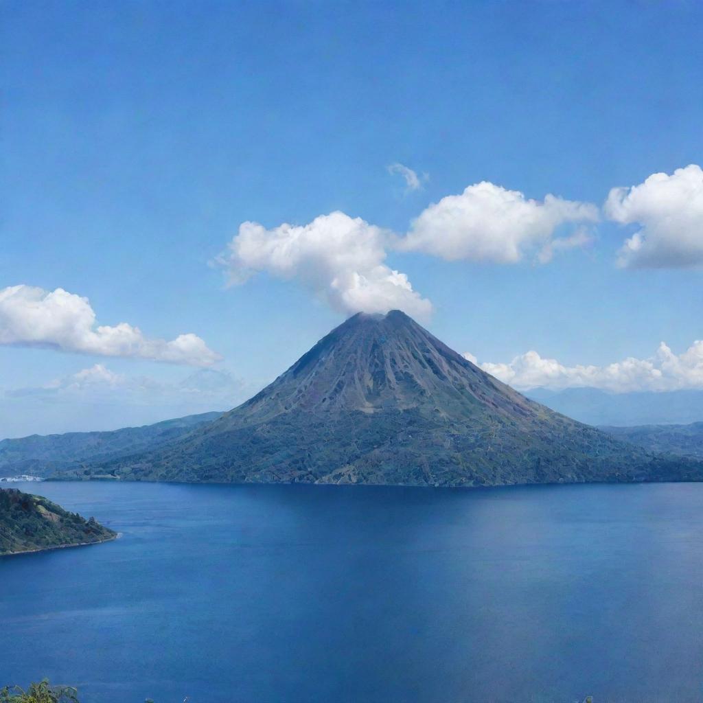 A breathtaking view of Mount Taal, a complex volcano located in the Philippines, energetically looming under a clear blue sky.