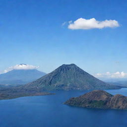 A breathtaking view of Mount Taal, a complex volcano located in the Philippines, energetically looming under a clear blue sky.