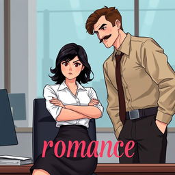 A romance book cover set in a corporate office background