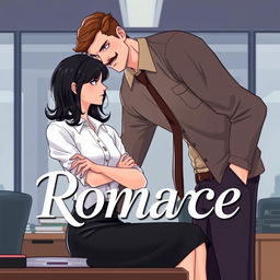 A romance book cover set in a corporate office background