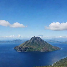 A breathtaking view of Mount Taal, a complex volcano located in the Philippines, energetically looming under a clear blue sky.