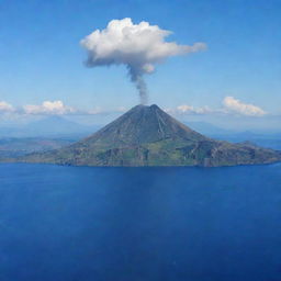 A breathtaking view of Mount Taal, a complex volcano located in the Philippines, energetically looming under a clear blue sky.