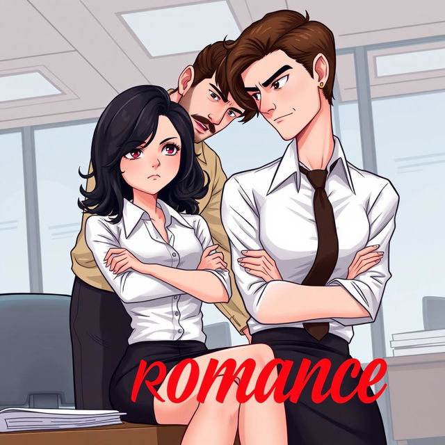 A romance book cover set in a corporate office background