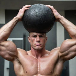 A muscular individual straining to push a large, heavy, unidentifiable object with all their might. Sweat drips from their forehead, showcasing the effort being exerted. Perspective emphasises the size of this Herculean task.