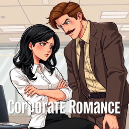 A romance book cover featuring a corporate office background