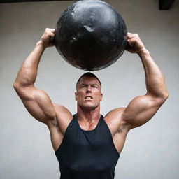 A muscular individual straining to push a large, heavy, unidentifiable object with all their might. Sweat drips from their forehead, showcasing the effort being exerted. Perspective emphasises the size of this Herculean task.