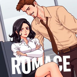 A romance book cover depicting a corporate office scene