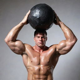 A muscular individual straining to push a large, heavy, unidentifiable object with all their might. Sweat drips from their forehead, showcasing the effort being exerted. Perspective emphasises the size of this Herculean task.