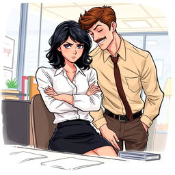 A romance book cover set in a corporate office environment