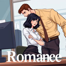 A romance book cover set in a corporate office environment