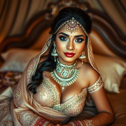 A stunning 18-year-old Indian bride with striking features, adorned with intricate bridal makeup that enhances her natural beauty