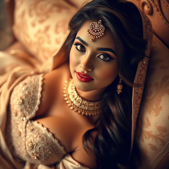 A stunning 18-year-old Indian bride with striking features, adorned with intricate bridal makeup that enhances her natural beauty