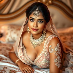 A stunning 18-year-old Indian bride with striking features, adorned with intricate bridal makeup that enhances her natural beauty