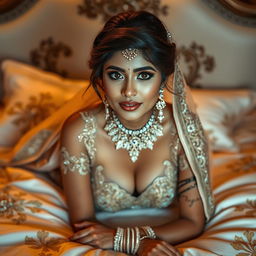 A stunning 18-year-old Indian bride with striking features, adorned with intricate bridal makeup that enhances her natural beauty