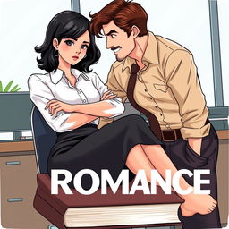 A romance book cover set in a corporate office environment