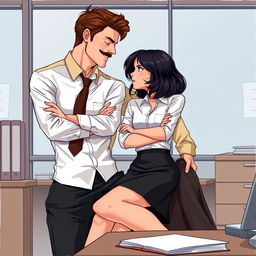 A romance book cover set in a corporate office environment
