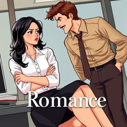 A romance book cover set in a corporate office environment