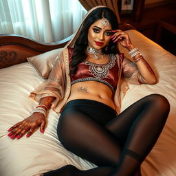 A stunning 18-year-old Indian bride, exuding beauty and charm, lying gracefully on a luxurious bed