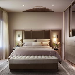 A meticulously designed bedroom featuring soft lighting, a king-sized bed with plush bedding, a tasteful color scheme, contemporary furniture, and elegant decor pieces