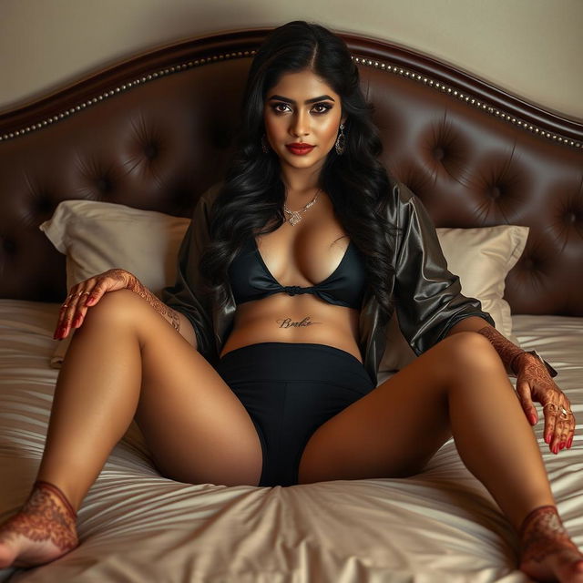 A stunning 18-year-old Indian bride, radiating beauty and elegance, lies comfortably on a luxurious bed