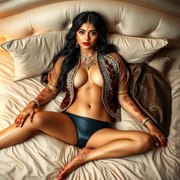 A stunning 18-year-old Indian bride, radiating beauty and elegance, lies comfortably on a luxurious bed