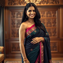 A sultry Indian woman in her mid-30s wearing a traditional sari that elegantly complements her curves, adorned with intricate patterns and vibrant colors, and a stylish bindi on her forehead