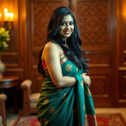 A sultry Indian woman in her mid-30s wearing a traditional sari that elegantly complements her curves, adorned with intricate patterns and vibrant colors, and a stylish bindi on her forehead