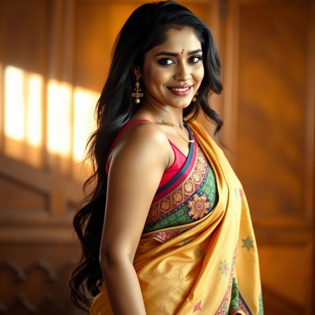 A sultry Indian woman in her mid-30s wearing a traditional sari that elegantly complements her curves, adorned with intricate patterns and vibrant colors, and a stylish bindi on her forehead