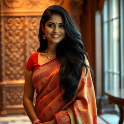 A sultry Indian woman in her mid-30s wearing a traditional sari that elegantly complements her curves, adorned with intricate patterns and vibrant colors, and a stylish bindi on her forehead