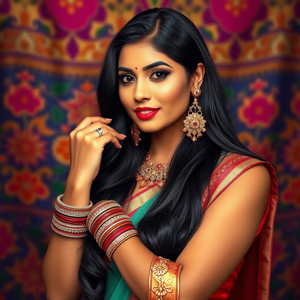 An Indian woman with long black hair, confidently posed in a tasteful and artistic manner, showcasing traditional Indian jewelry like bangles and earrings, emphasizing her cultural richness